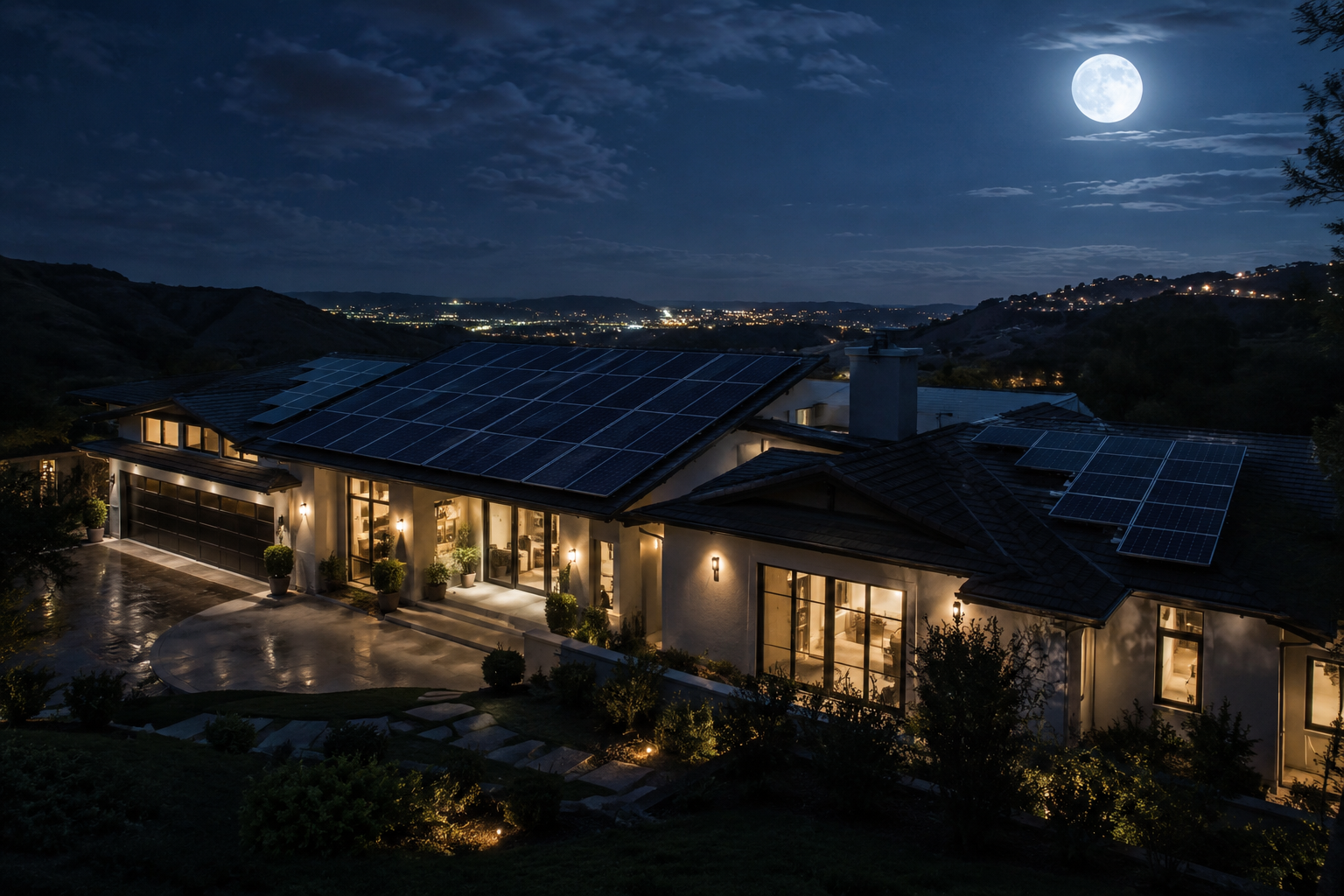 Hillside home under a full moon with a rooftop solar array and warm interior light above a city valley
