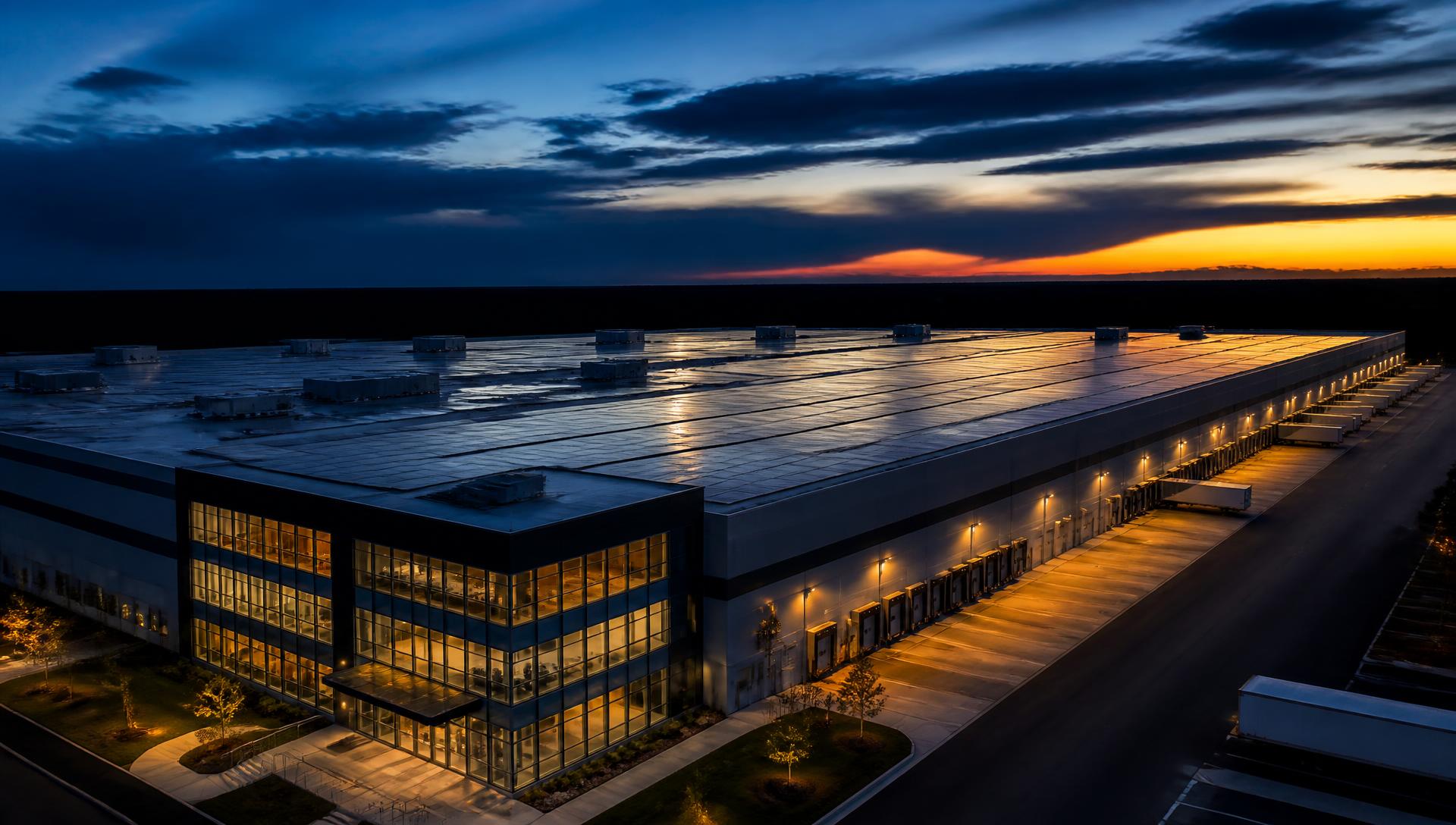 Large modern commercial facility at dusk with a full rooftop solar array