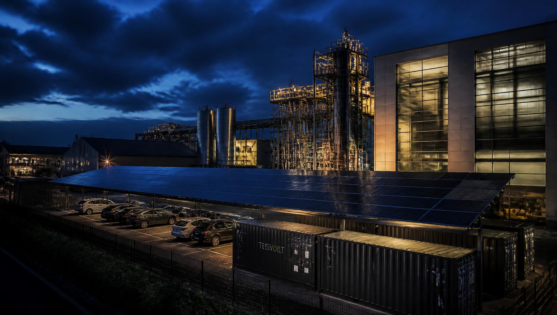Industrial plant at night with solar and storage infrastructure lit in warm light
