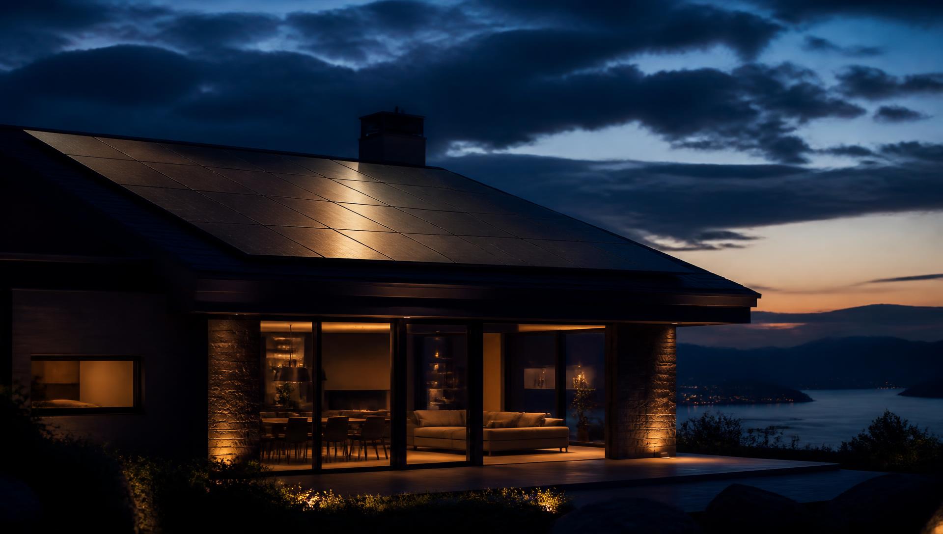 Modern home at dusk with flush-mounted black solar panels and warm interior light