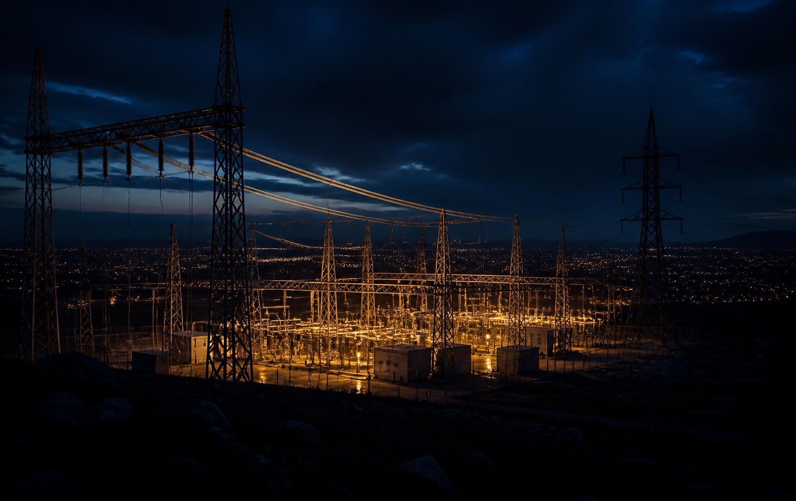 Transmission substation lit in warm gold light above a city at dusk